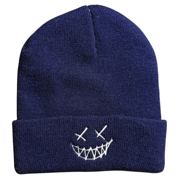 Streetwheres Other - Knitted Woven Blue Scary Smiley Face Beanie Mens OS - Punk Skater Preppy Casual